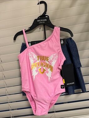 True Religion Pink One-Shoulder Butterfly Logo Swim Suit skirt set
